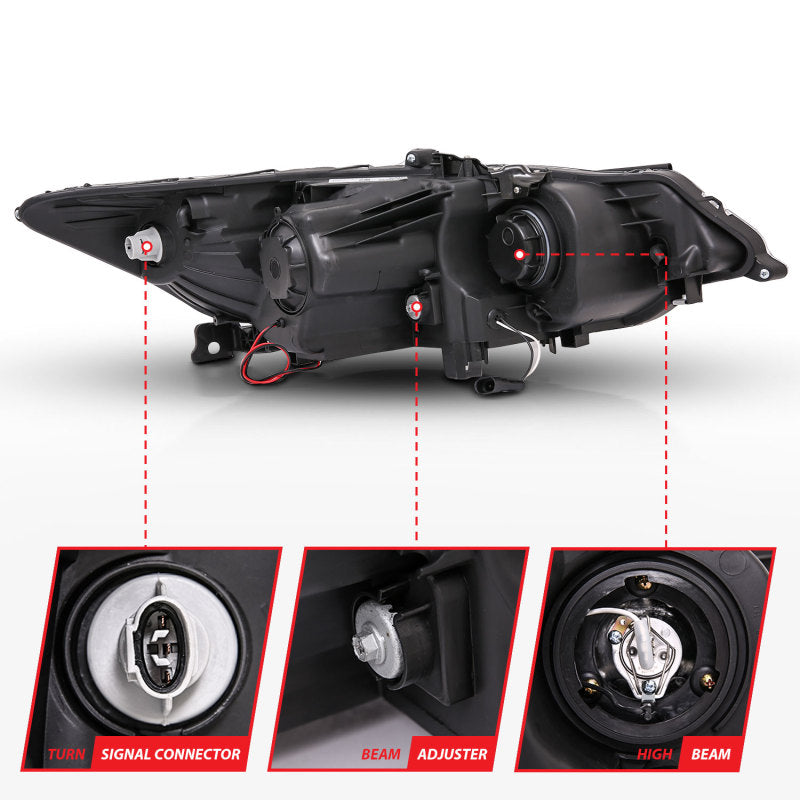 ANZO 2009-2012 Acura TSX Projector Headlights with Halo Black CCFL, showcasing sleek black housing and clear lens design.