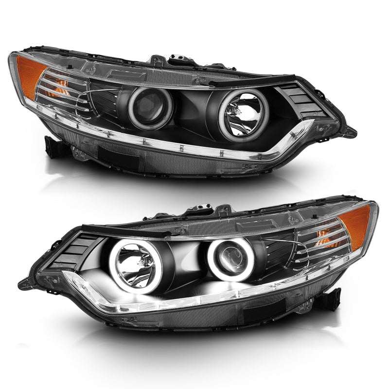 ANZO 2009-2012 Acura TSX Projector Headlights with Halo Black CCFL, showcasing sleek black housing and clear lens design.