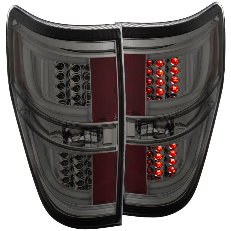 ANZO LED Taillights for 2009-2013 Ford F-150 in smoke finish, showcasing modern design and superior lighting.