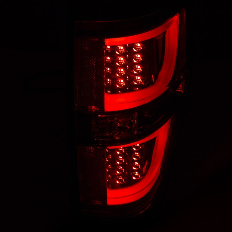 ANZO LED Taillights for 2009-2013 Ford F-150 in smoke finish, showcasing modern design and superior lighting.