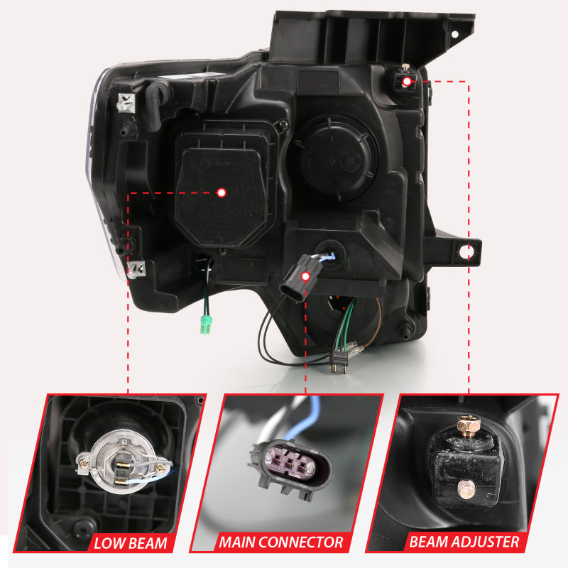 ANZO 2009-2013 Ford F-150 Projector Light Bar with Halo, Clear Lens, and Black Housing, showcasing modern design and enhanced visibility.