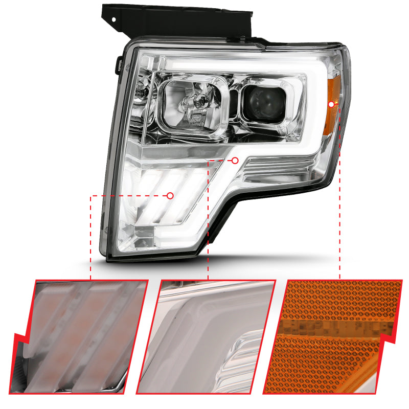 ANZO 2009-2013 Ford F-150 Projector Light Bar with Halo, Clear Lens, and Black Housing, showcasing modern design and enhanced visibility.