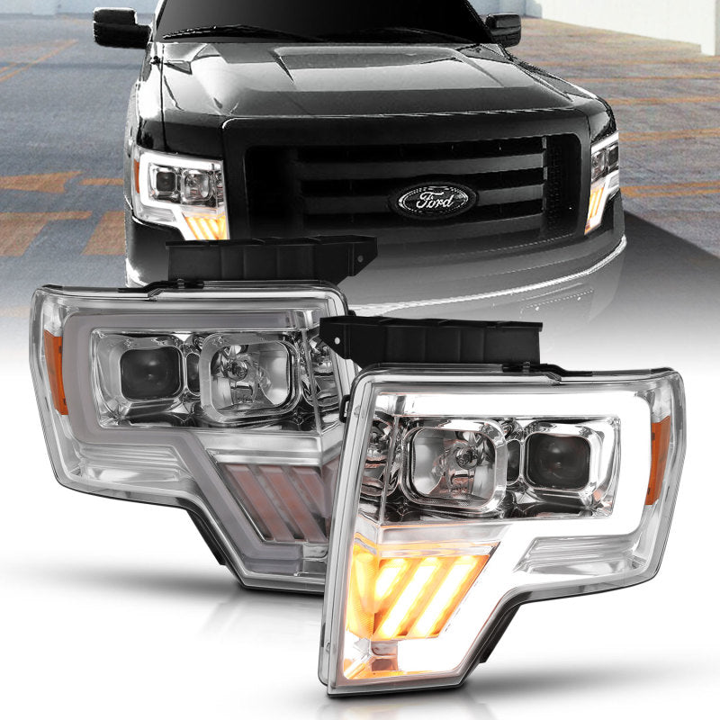 ANZO 2009-2014 Ford F-150 Projector Headlight Set featuring clear lens and chrome housing.