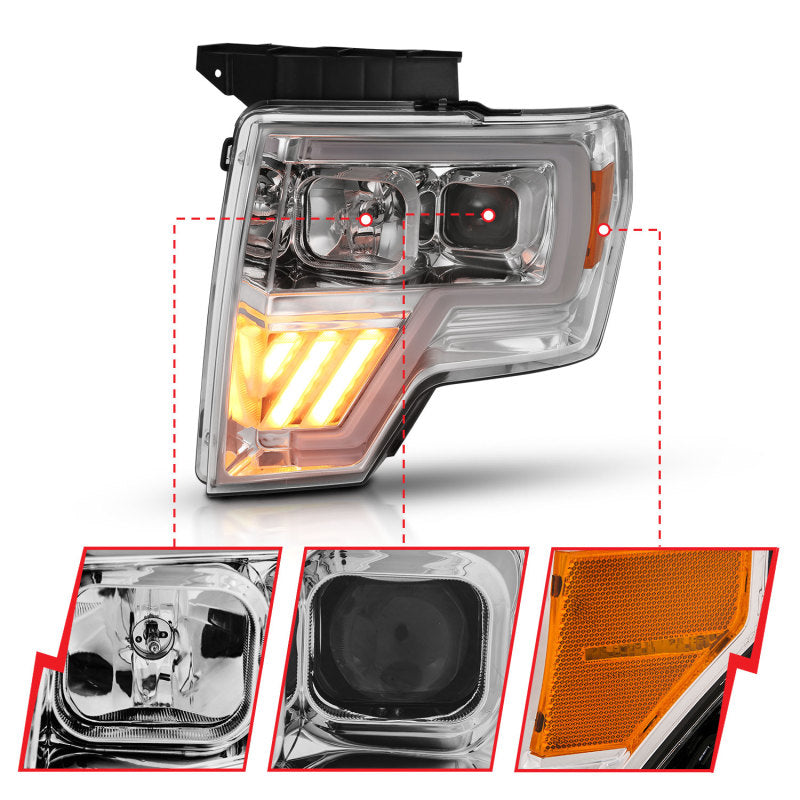 ANZO 2009-2014 Ford F-150 Projector Headlight Set featuring clear lens and chrome housing.