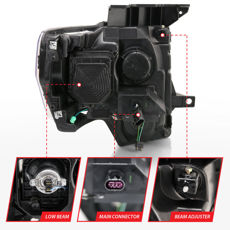 ANZO 2009-2014 Ford F-150 Projector Headlight Set featuring clear lens and chrome housing.