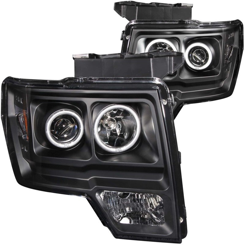 ANZO 2009-2014 Ford F-150 Projector Headlights with Halo Black design, featuring clear lens and black housing for enhanced visibility.