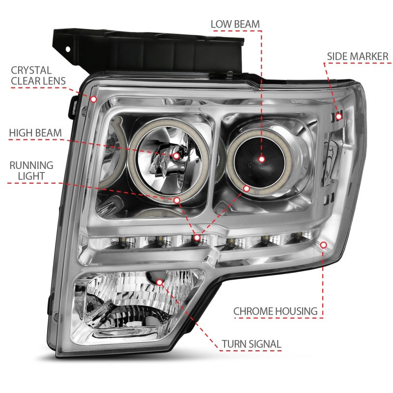ANZO 2009-2014 Ford F-150 Projector Headlights with Halo Chrome, showcasing clear lens and chrome housing.