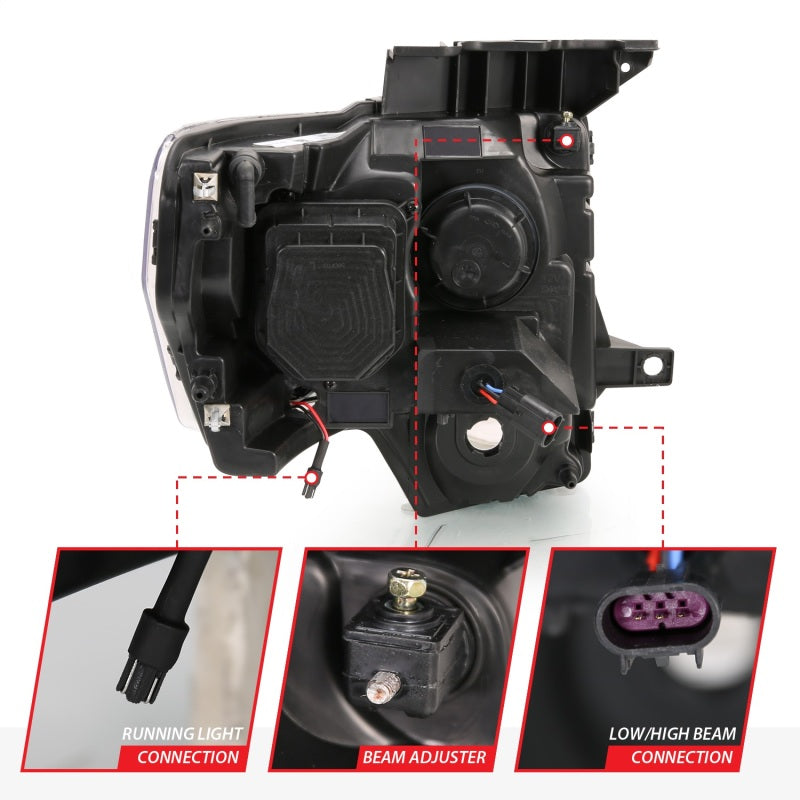 ANZO 2009-2014 Ford F-150 Projector Headlights with Halo Chrome, showcasing clear lens and chrome housing.