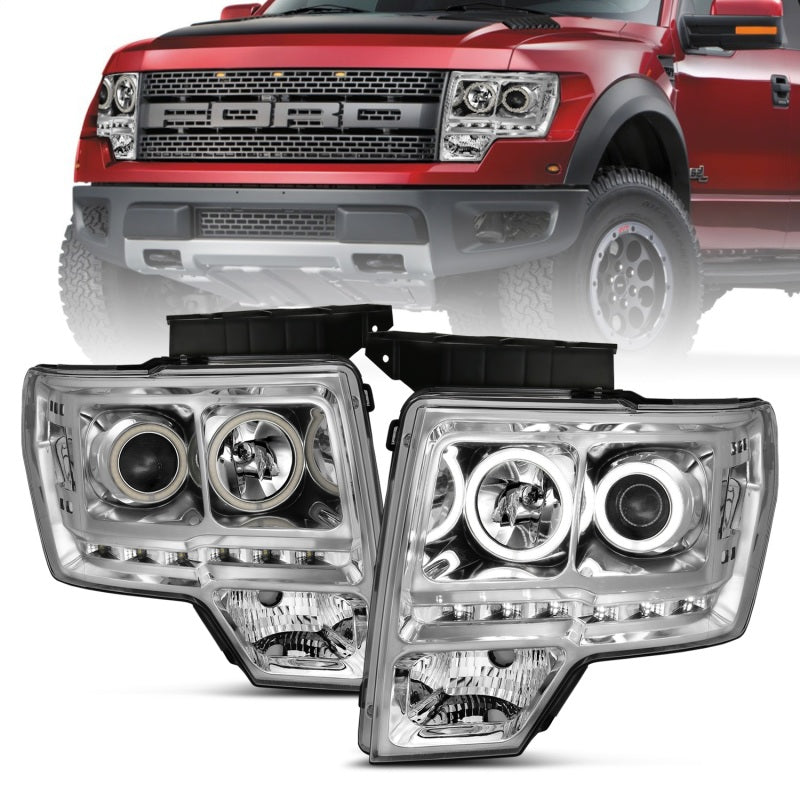 ANZO 2009-2014 Ford F-150 Projector Headlights with Halo Chrome, showcasing clear lens and chrome housing.