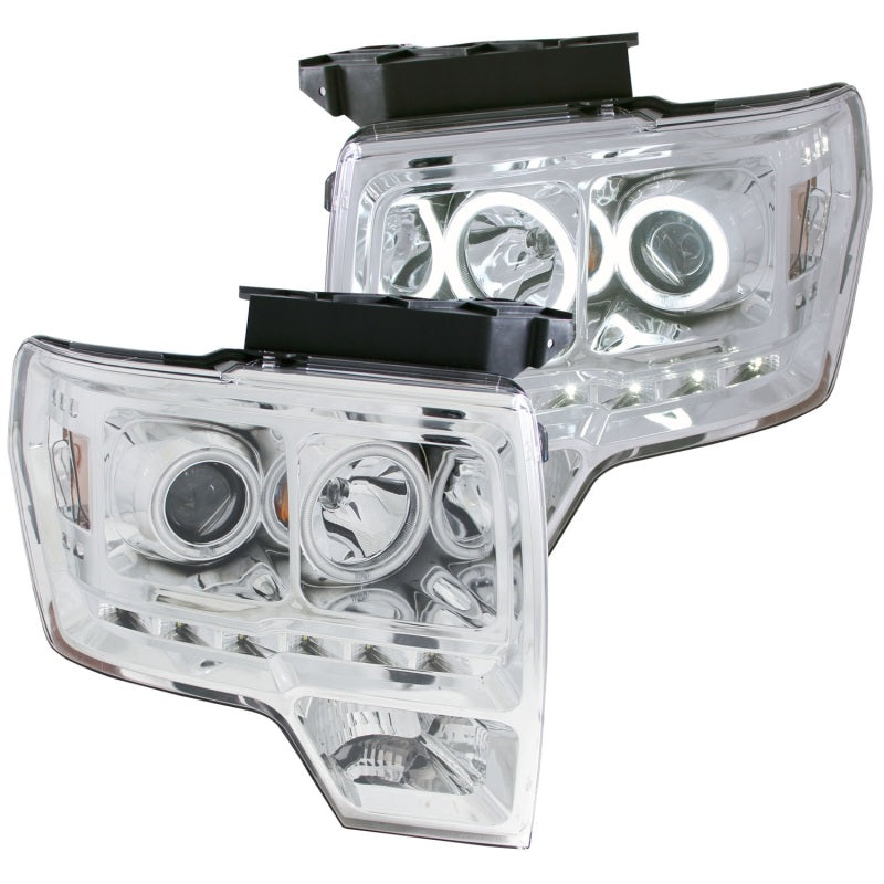 ANZO 2009-2014 Ford F-150 Projector Headlights with Halo Chrome, showcasing clear lens and chrome housing.