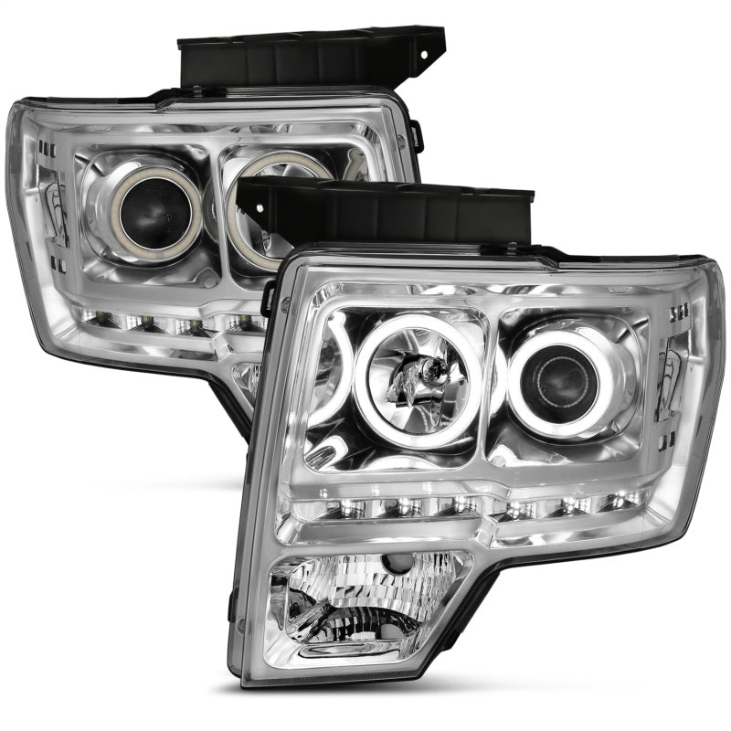 ANZO 2009-2014 Ford F-150 Projector Headlights with Halo Chrome, showcasing clear lens and chrome housing.