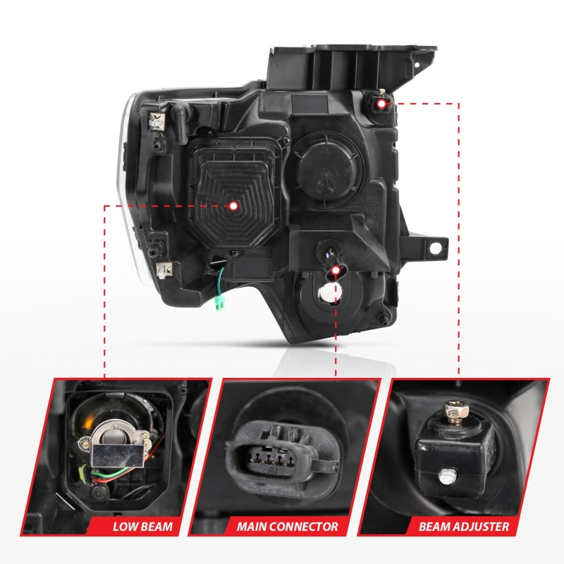 ANZO 2009-2014 Ford F-150 projector headlights with U-Bar design in black amber finish, showcasing modern styling and enhanced visibility.