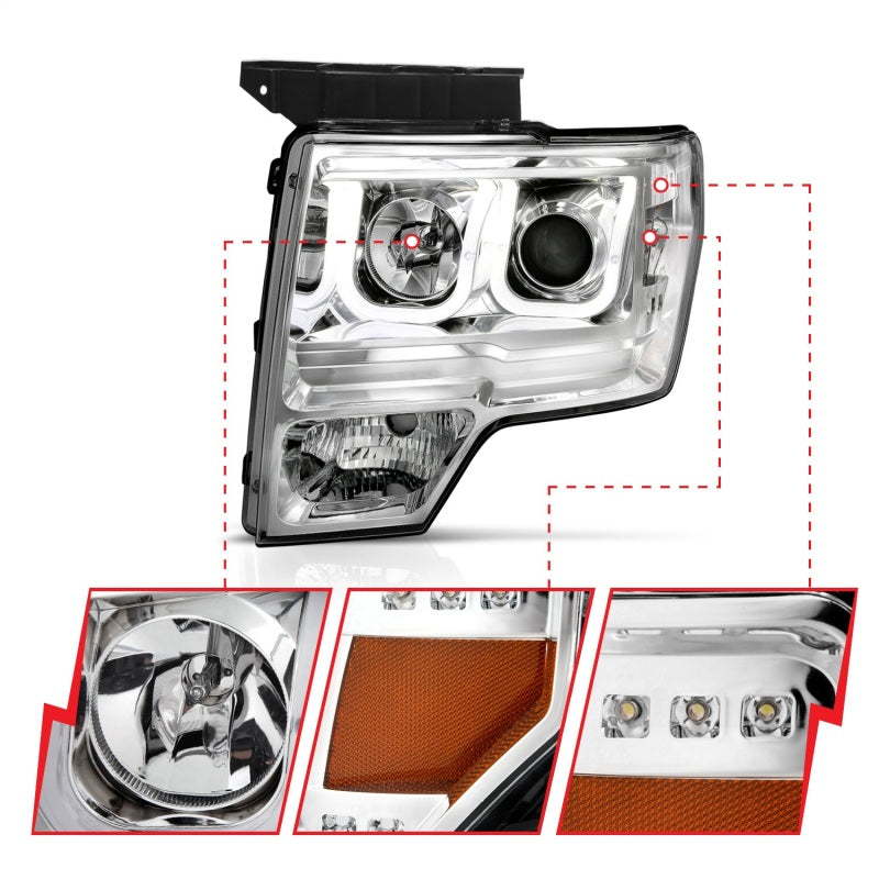 ANZO 2009-2014 Ford F-150 Projector Headlights with U-Bar Chrome Amber, showcasing innovative design and enhanced visibility.