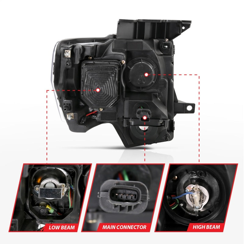 ANZO 2009-2014 Ford F-150 Projector Headlights with U-Bar Chrome Amber, showcasing innovative design and enhanced visibility.