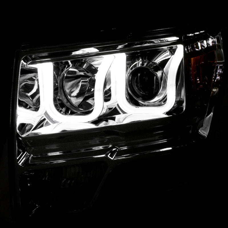 ANZO 2009-2014 Ford F-150 Projector Headlights with U-Bar Chrome Amber, showcasing innovative design and enhanced visibility.