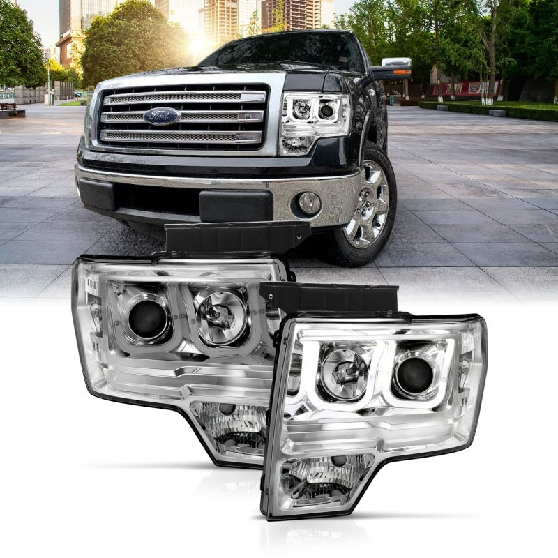 ANZO 2009-2014 Ford F-150 Projector Headlights with U-Bar Chrome Amber, showcasing innovative design and enhanced visibility.
