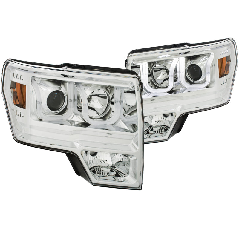 ANZO 2009-2014 Ford F-150 Projector Headlights with U-Bar Chrome Amber, showcasing innovative design and enhanced visibility.