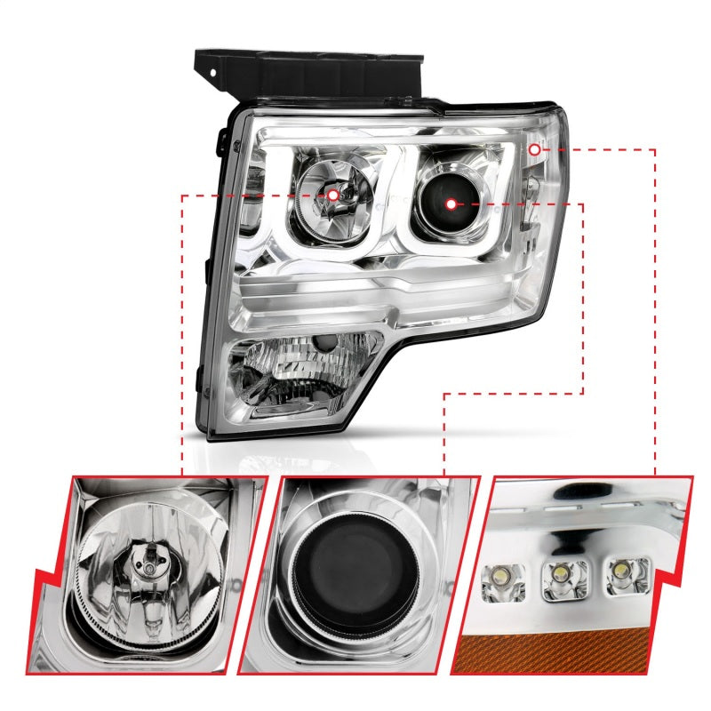 ANZO 2009-2014 Ford F-150 projector headlights with U-Bar chrome housing, showcasing clear lens and modern design.