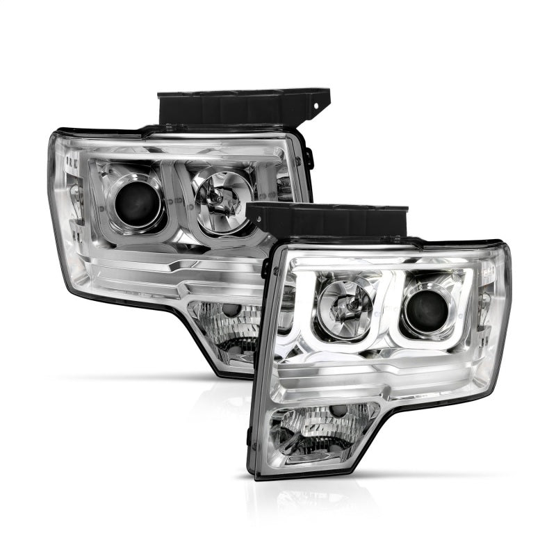 ANZO 2009-2014 Ford F-150 projector headlights with U-Bar chrome housing, showcasing clear lens and modern design.