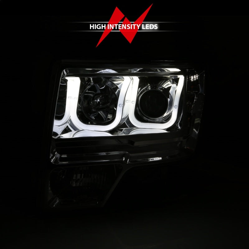ANZO 2009-2014 Ford F-150 projector headlights with U-Bar chrome housing, showcasing clear lens and modern design.