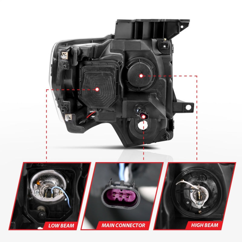 ANZO 2009-2014 Ford F-150 projector headlights with U-Bar chrome housing, showcasing clear lens and modern design.