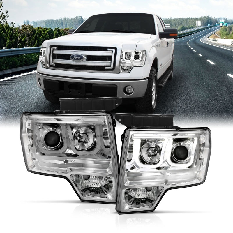 ANZO 2009-2014 Ford F-150 projector headlights with U-Bar chrome housing, showcasing clear lens and modern design.