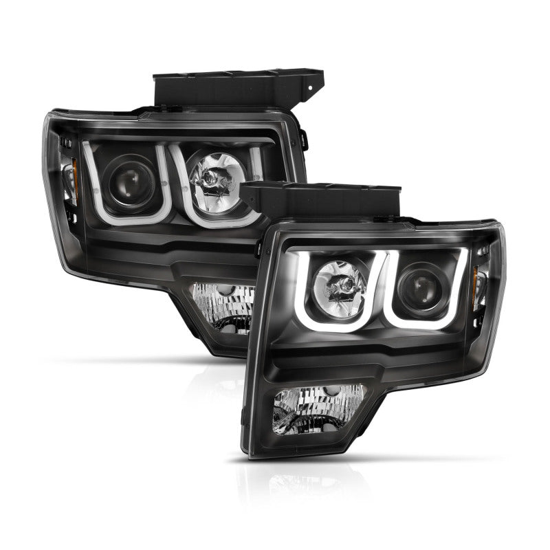 ANZO projector headlights for 2009-2014 Ford F-150 with U-Bar switchback design, showcasing modern styling and enhanced visibility.