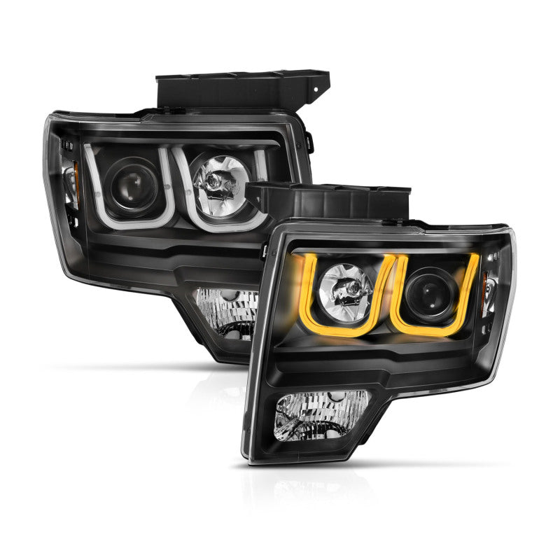 ANZO projector headlights for 2009-2014 Ford F-150 with U-Bar switchback design, showcasing modern styling and enhanced visibility.
