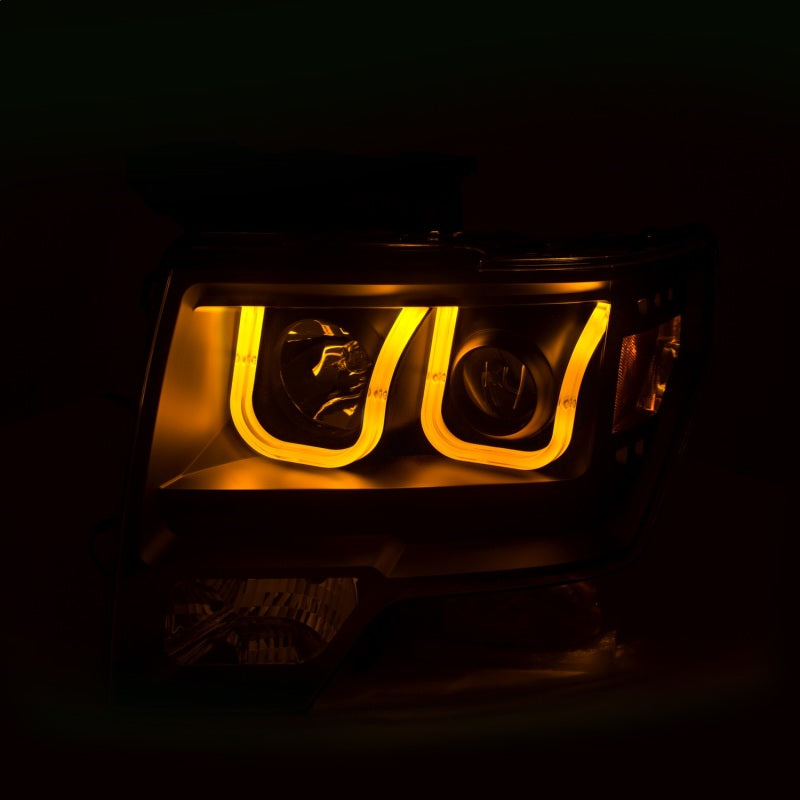 ANZO projector headlights for 2009-2014 Ford F-150 with U-Bar switchback design, showcasing modern styling and enhanced visibility.