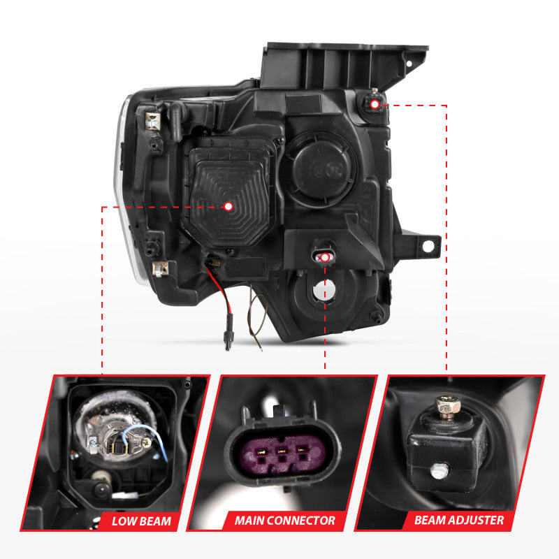 ANZO projector headlights for 2009-2014 Ford F-150 with U-Bar switchback design, showcasing modern styling and enhanced visibility.