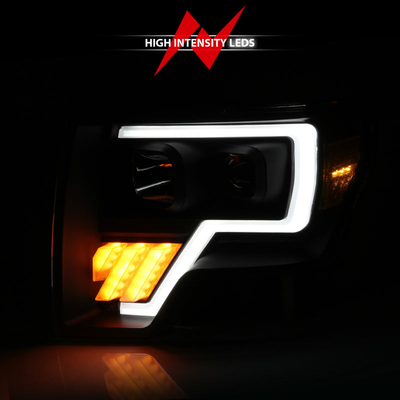 ANZO 2009-2014 Ford F-150 Projector Light Bar in black amber finish, showcasing its sleek design and innovative projector technology.