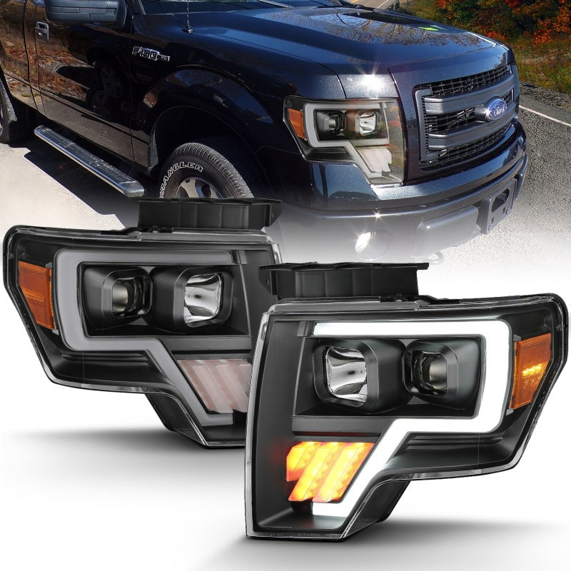 ANZO 2009-2014 Ford F-150 Projector Light Bar in black amber finish, showcasing its sleek design and innovative projector technology.