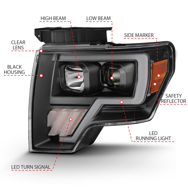 ANZO 2009-2014 Ford F-150 Projector Light Bar in black amber finish, showcasing its sleek design and innovative projector technology.
