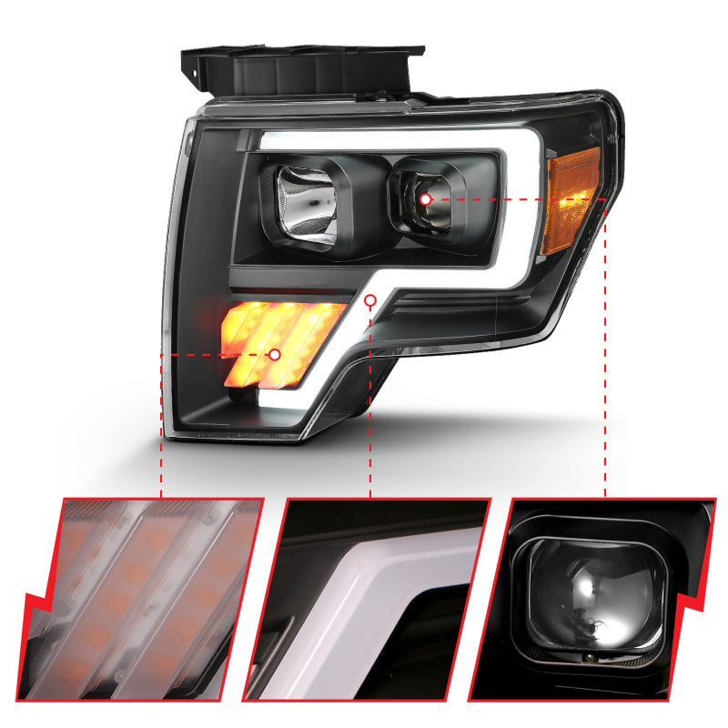 ANZO 2009-2014 Ford F-150 Projector Light Bar in black amber finish, showcasing its sleek design and innovative projector technology.