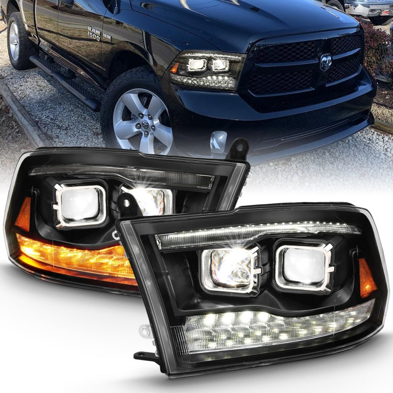 ANZO LED projector headlights for 2009-2018 Dodge Ram 1500, featuring clear lens and black housing.