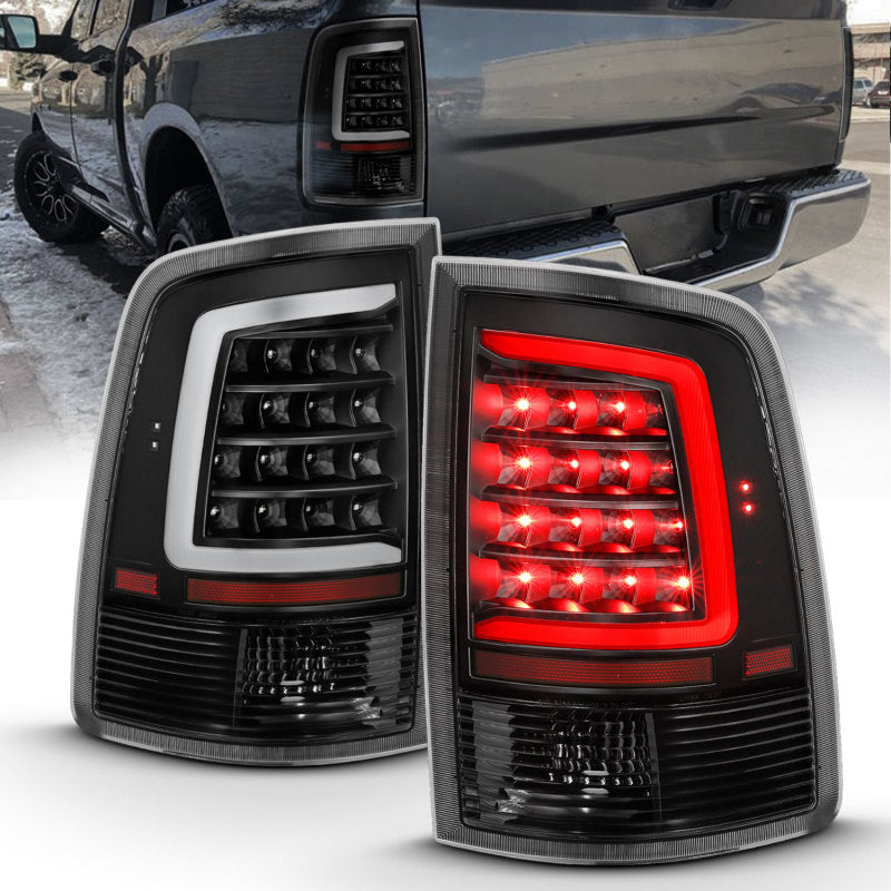 ANZO 2009-2018 Dodge Ram 1500 LED taillight assembly in black housing with clear lens, showcasing a modern plank style design.