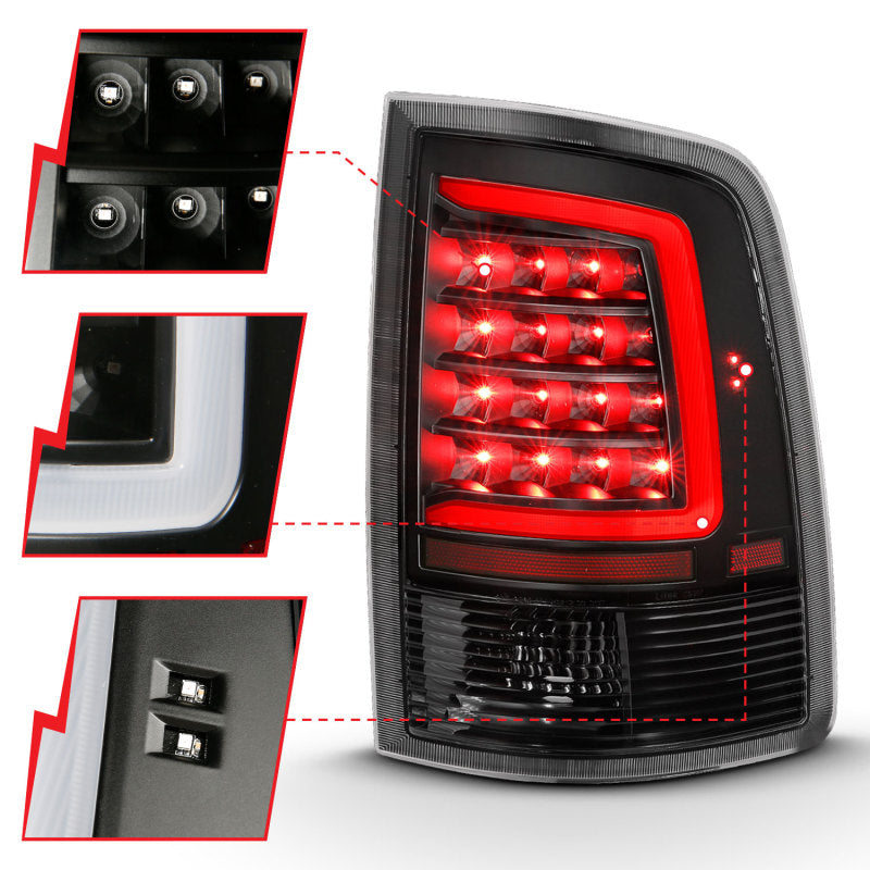 ANZO 2009-2018 Dodge Ram 1500 LED taillight assembly in black housing with clear lens, showcasing a modern plank style design.