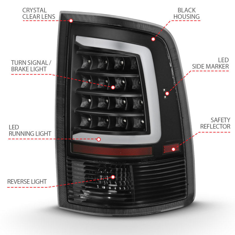 ANZO 2009-2018 Dodge Ram 1500 LED taillight assembly in black housing with clear lens, showcasing a modern plank style design.