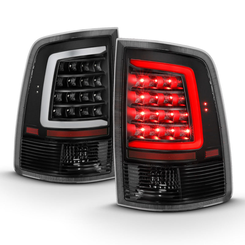ANZO 2009-2018 Dodge Ram 1500 LED taillight assembly in black housing with clear lens, showcasing a modern plank style design.