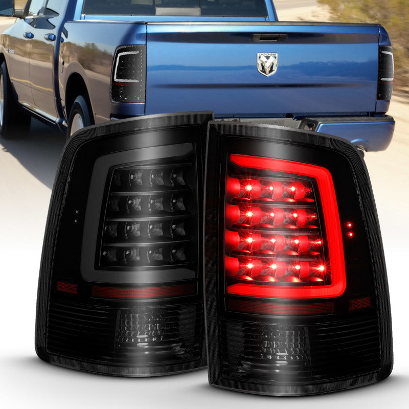ANZO 2009-2018 Dodge Ram 1500 LED taillights in plank style with a black and smoke finish, showcasing modern design and enhanced visibility.