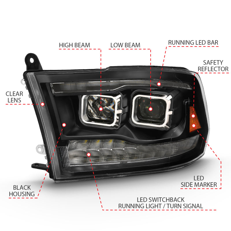 ANZO 2009-2018 Dodge Ram 1500 Projector Headlights in black amber finish, showcasing innovative design and quality craftsmanship.