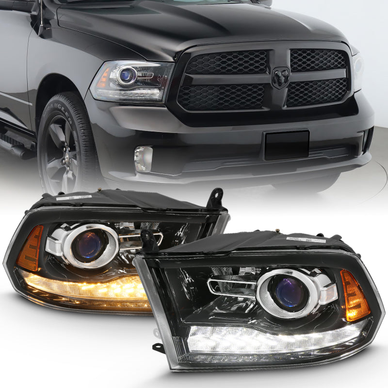 ANZO 2009-2018 Dodge Ram 1500 Projector Headlight Set with Halo, featuring clear lens and black housing.