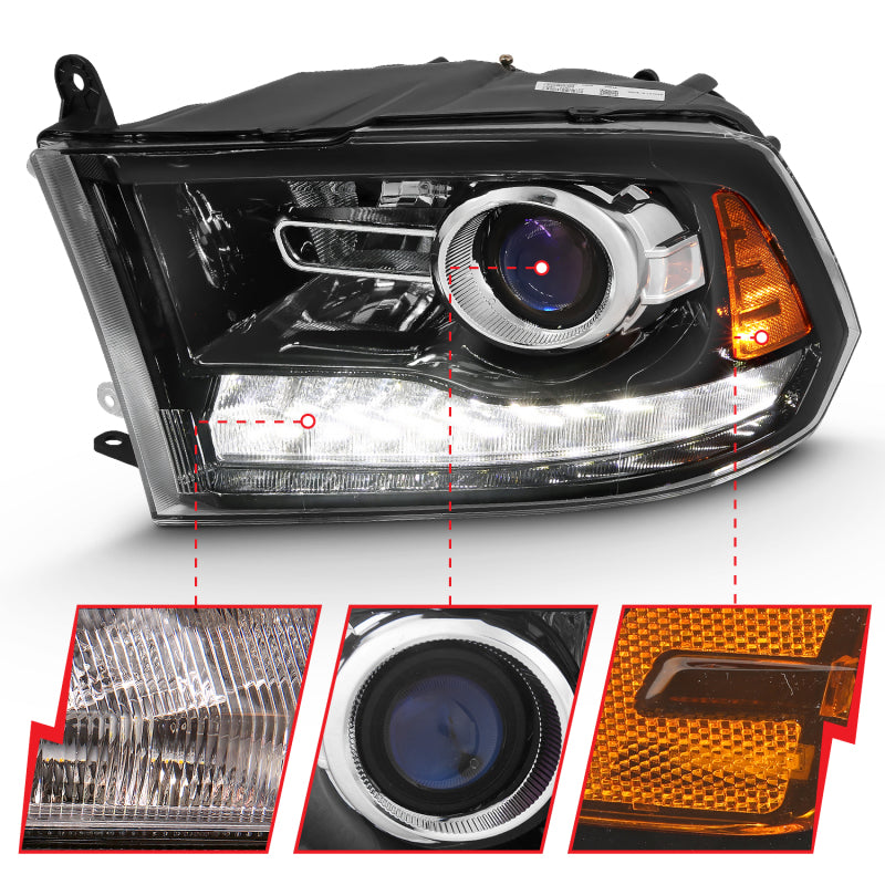 ANZO 2009-2018 Dodge Ram 1500 Projector Headlight Set with Halo, featuring clear lens and black housing.