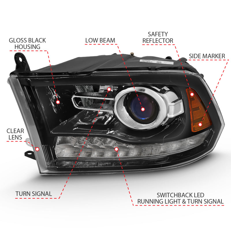 ANZO 2009-2018 Dodge Ram 1500 Projector Headlight Set with Halo, featuring clear lens and black housing.