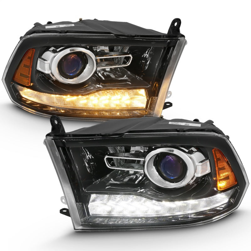 ANZO 2009-2018 Dodge Ram 1500 Projector Headlight Set with Halo, featuring clear lens and black housing.