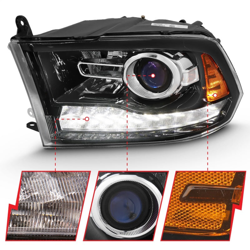 ANZO 2009-2018 Dodge Ram 1500 Projector Headlight Set with Halo, featuring clear lens and black housing.