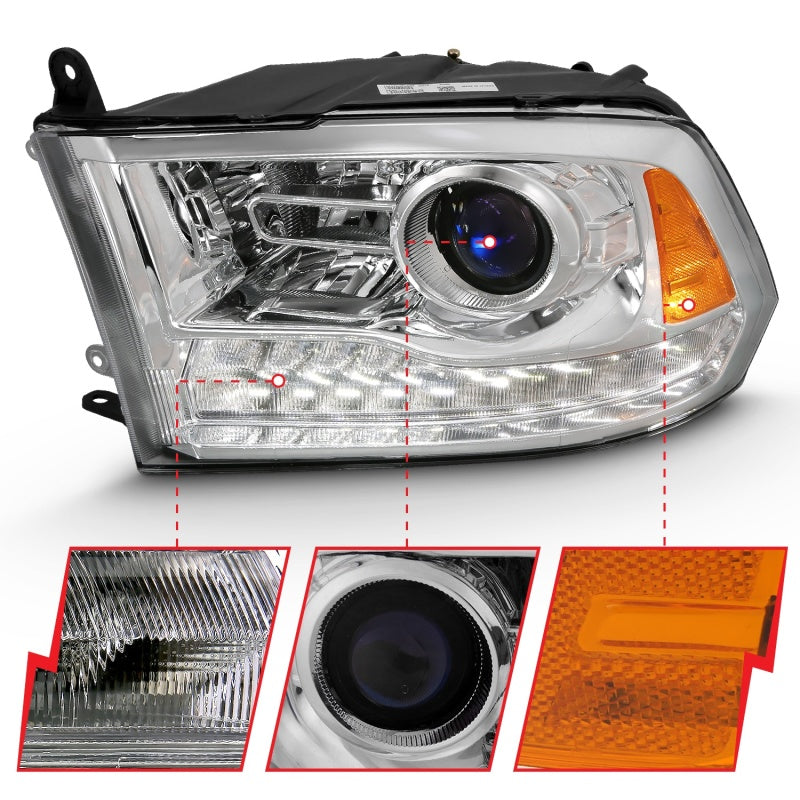 ANZO 2009-2018 Dodge Ram 1500 Projector Headlight Set with Halo, featuring clear lens and black housing.