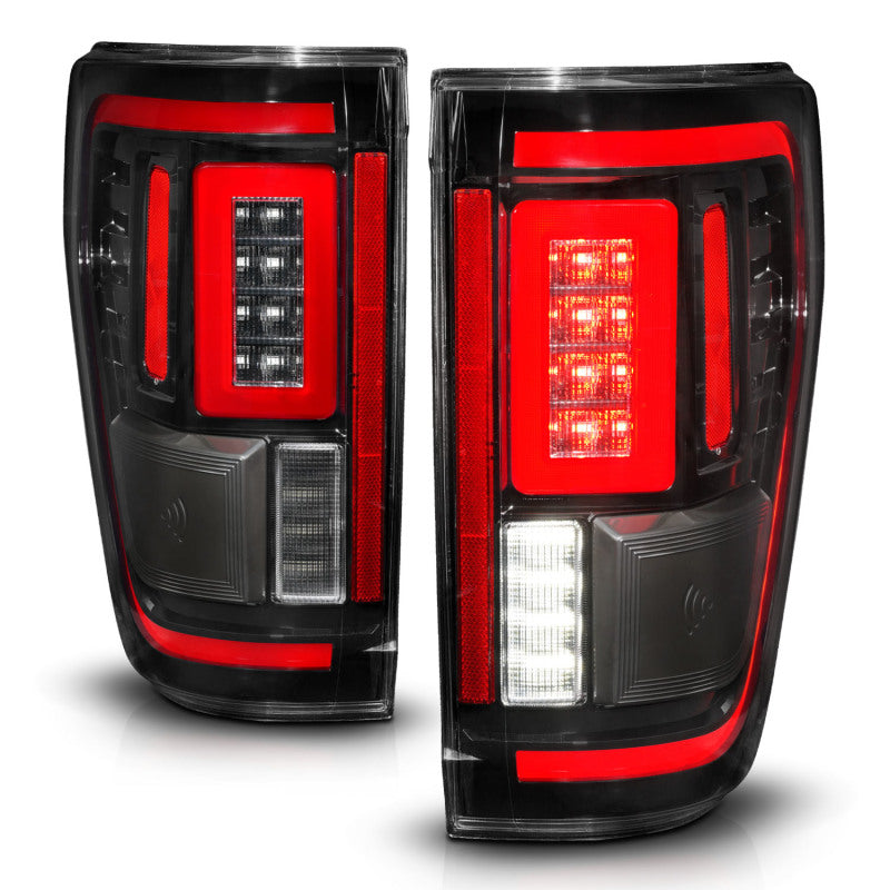 ANZO LED taillights for 2021-2023 Ford F-150 with sequential signals and BLIS cover in black finish.
