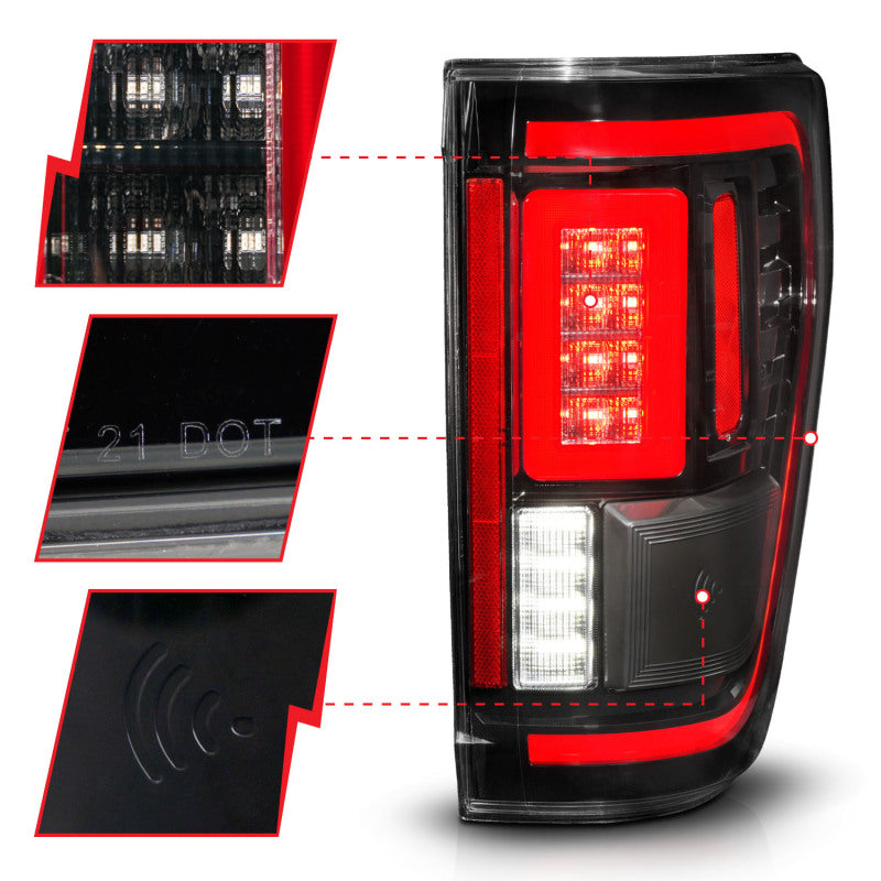 ANZO LED taillights for 2021-2023 Ford F-150 with sequential signals and BLIS cover in black finish.