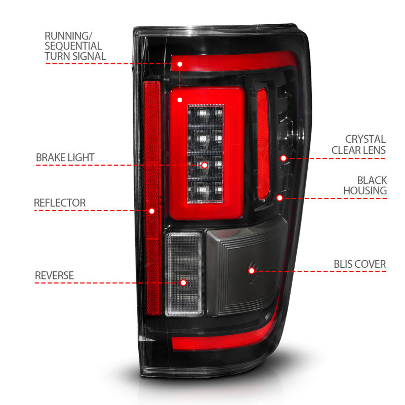 ANZO LED taillights for 2021-2023 Ford F-150 with sequential signals and BLIS cover in black finish.